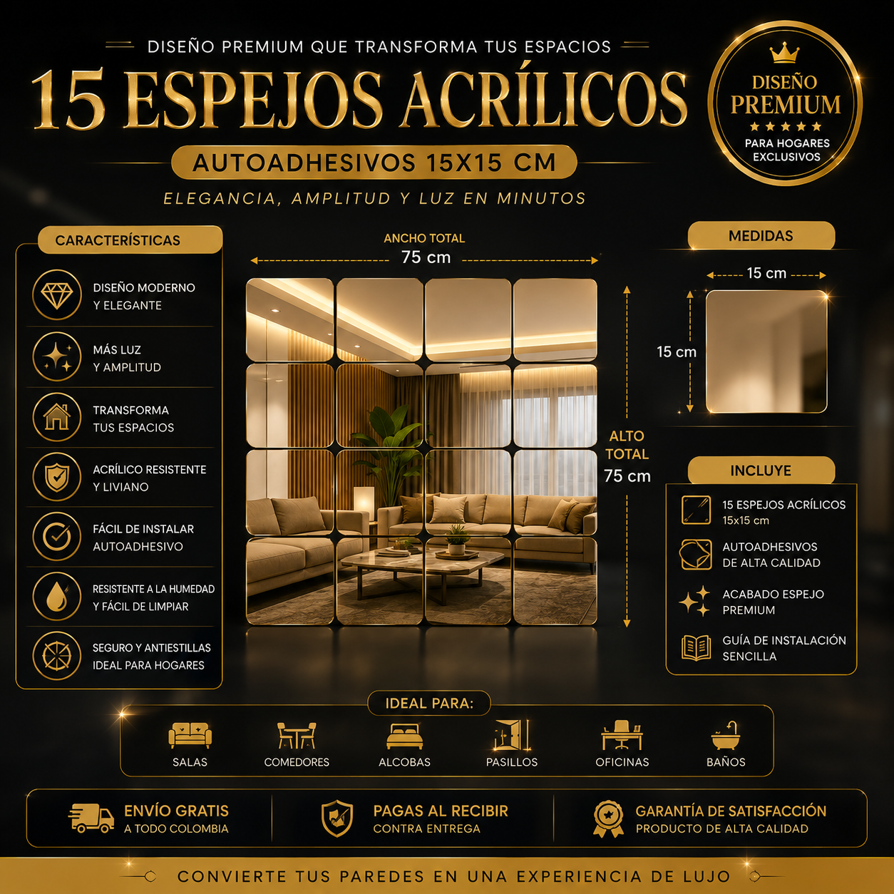 15 Espejos Adhesivos Premium de 15x15 (Color Dorado)