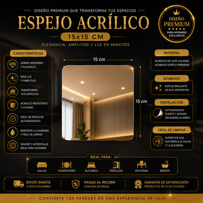 15 Espejos Adhesivos Premium de 15x15 (Color Dorado)